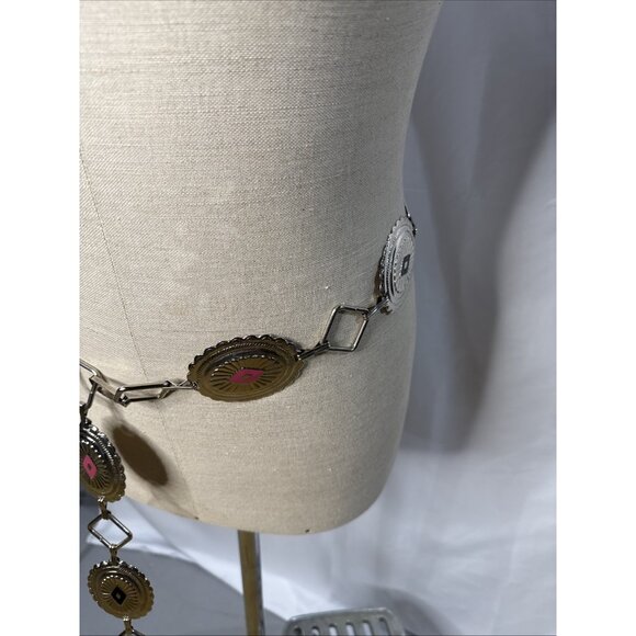 Concho Southwestern Link Belt Metal Western Silver Tone 60" long 2 1/4" wide - Picture 8 of 9